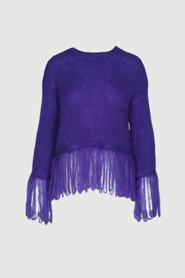 Pullover, Strickpullover, Mohair, Seide, lila, casual Look, Rundhals, Mega Fransen, offener Arm