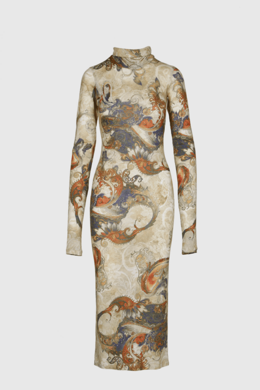 Langes figurbetontes Paisley Kleid in Creme – Vorderansicht