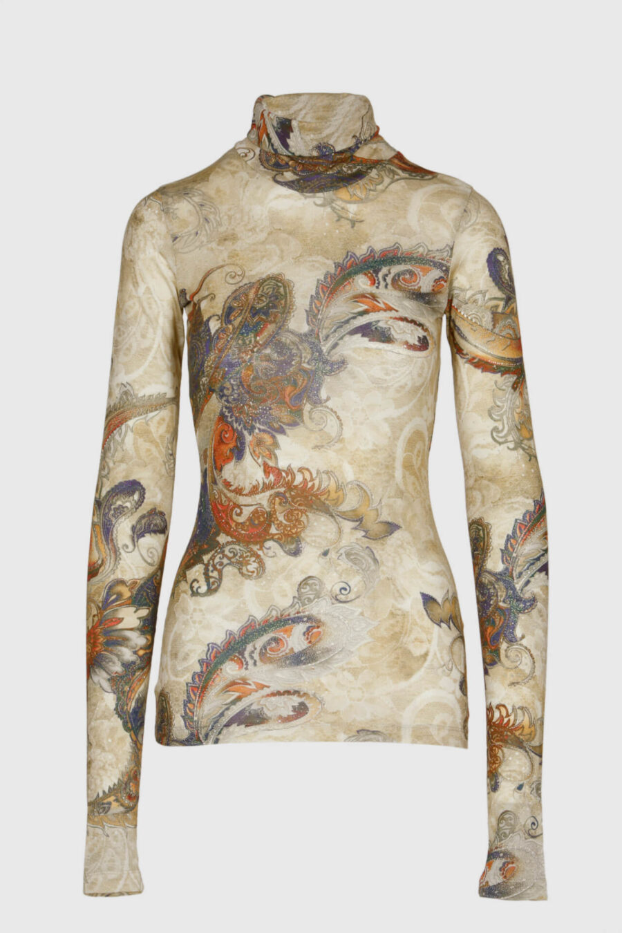 Shirt, Langarm, Creme mit Paisley Muster, dünnes Wollmaterial