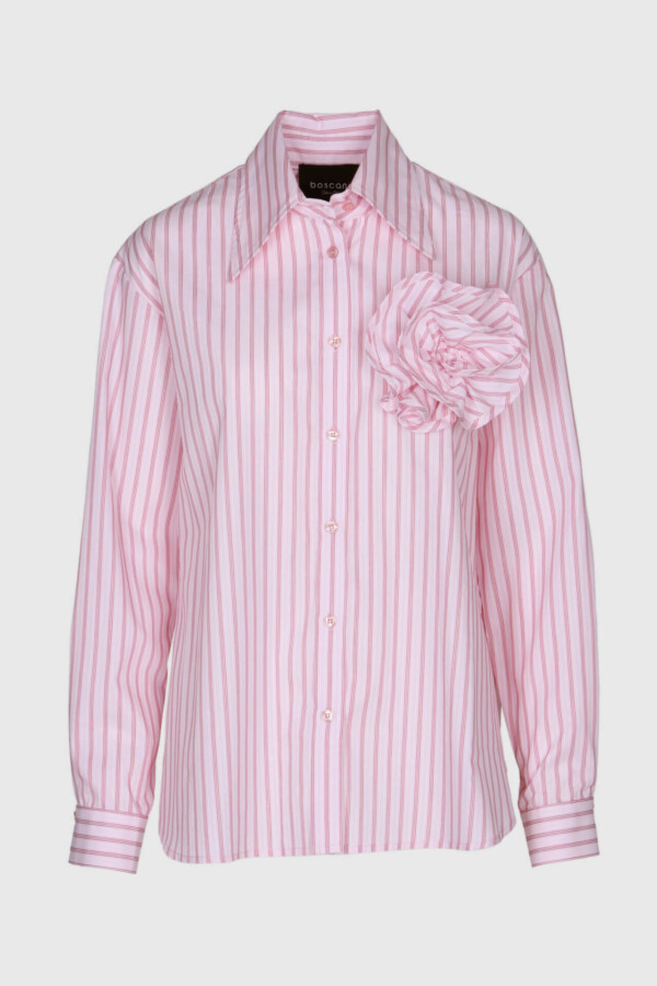 Bluse in Streifen Pink und Rot aus Baumwolle, mit Blume auf der Brust, leicht Oversize, langer Arm, weiter Körper
