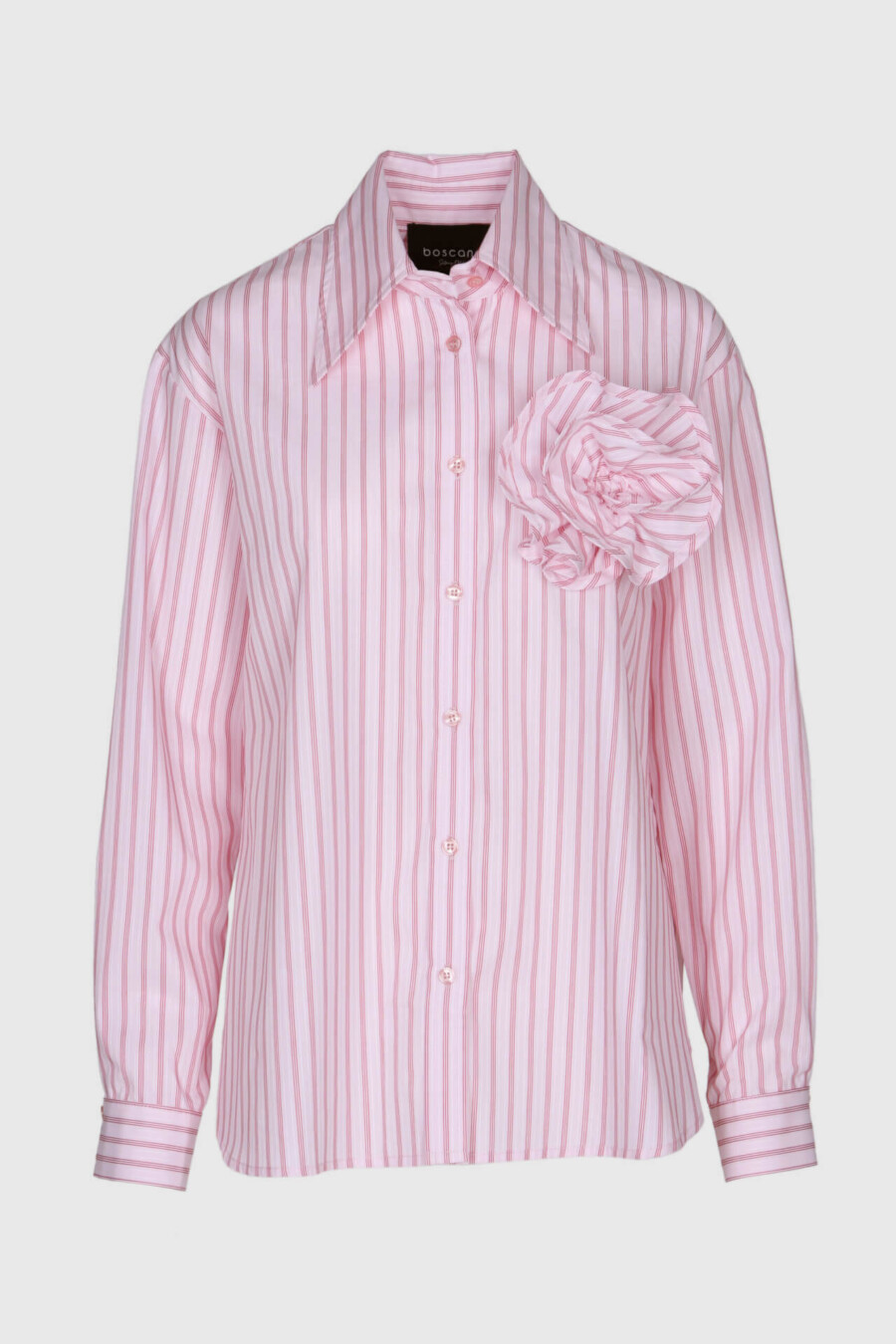 Bluse in Streifen Pink und Rot aus Baumwolle, mit Blume auf der Brust, leicht Oversize, langer Arm, weiter Körper