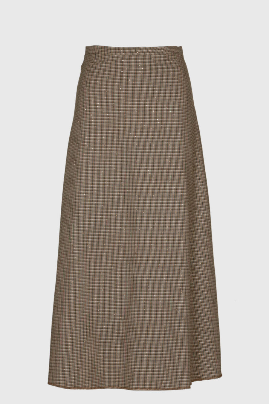 Brauner Maxirock mit Karomuster und goldenen Pailletten – Vorderansicht