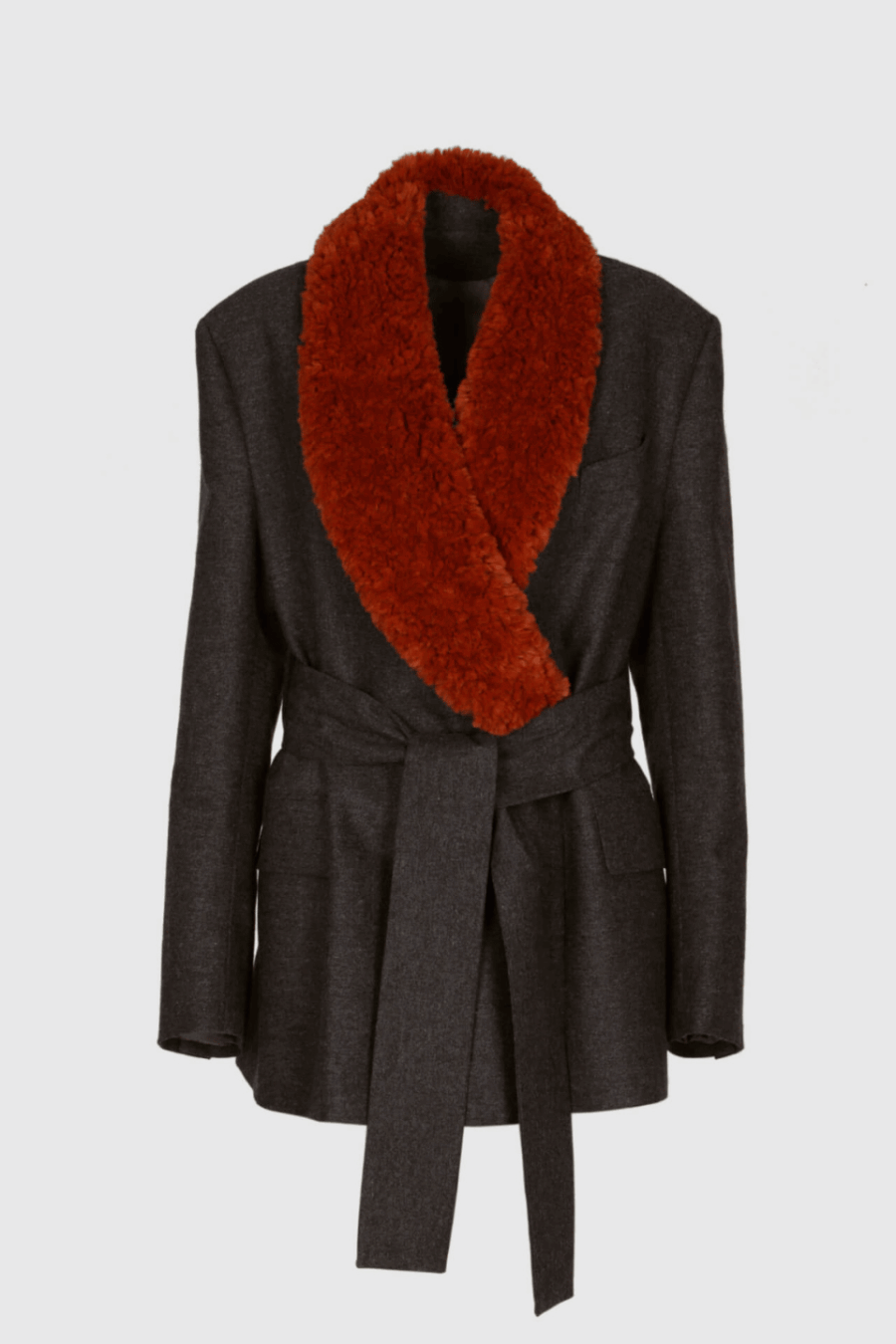 Unisex Damen Herren Wolljacke in anthrazit mit Webpelz in braun