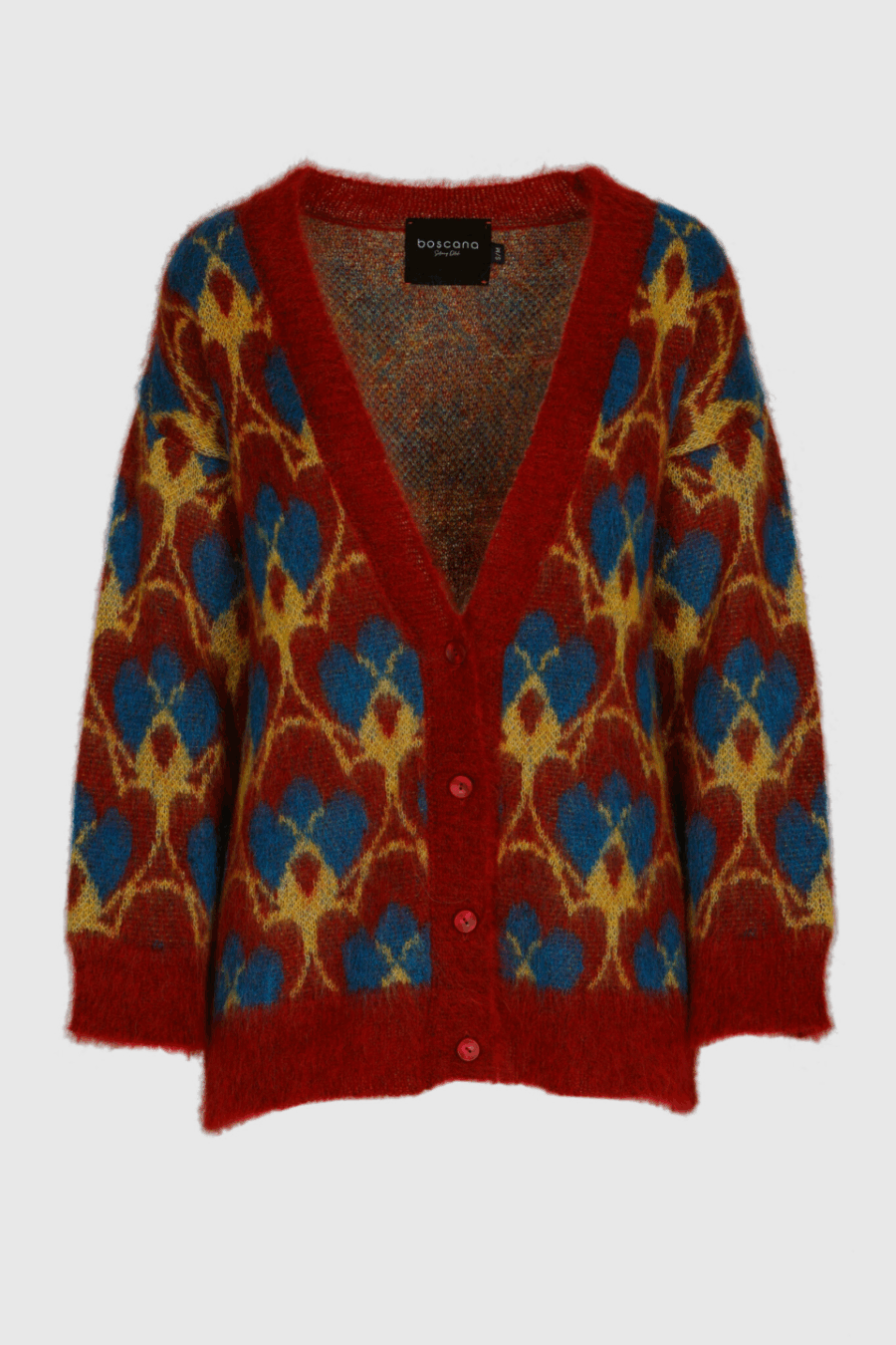 Strickjacke aus Mohair in Rot Blau Gelb