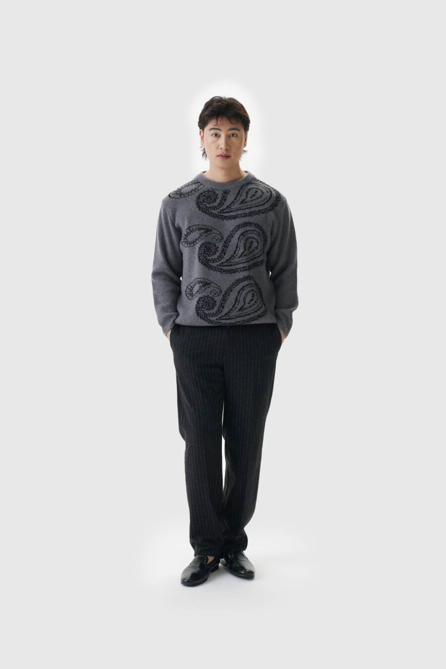 Kaschmirpullover, Oversize, Unisex, Herrenpullover, Paisley Muster, Grau Schwarz, Kaschmirpullover