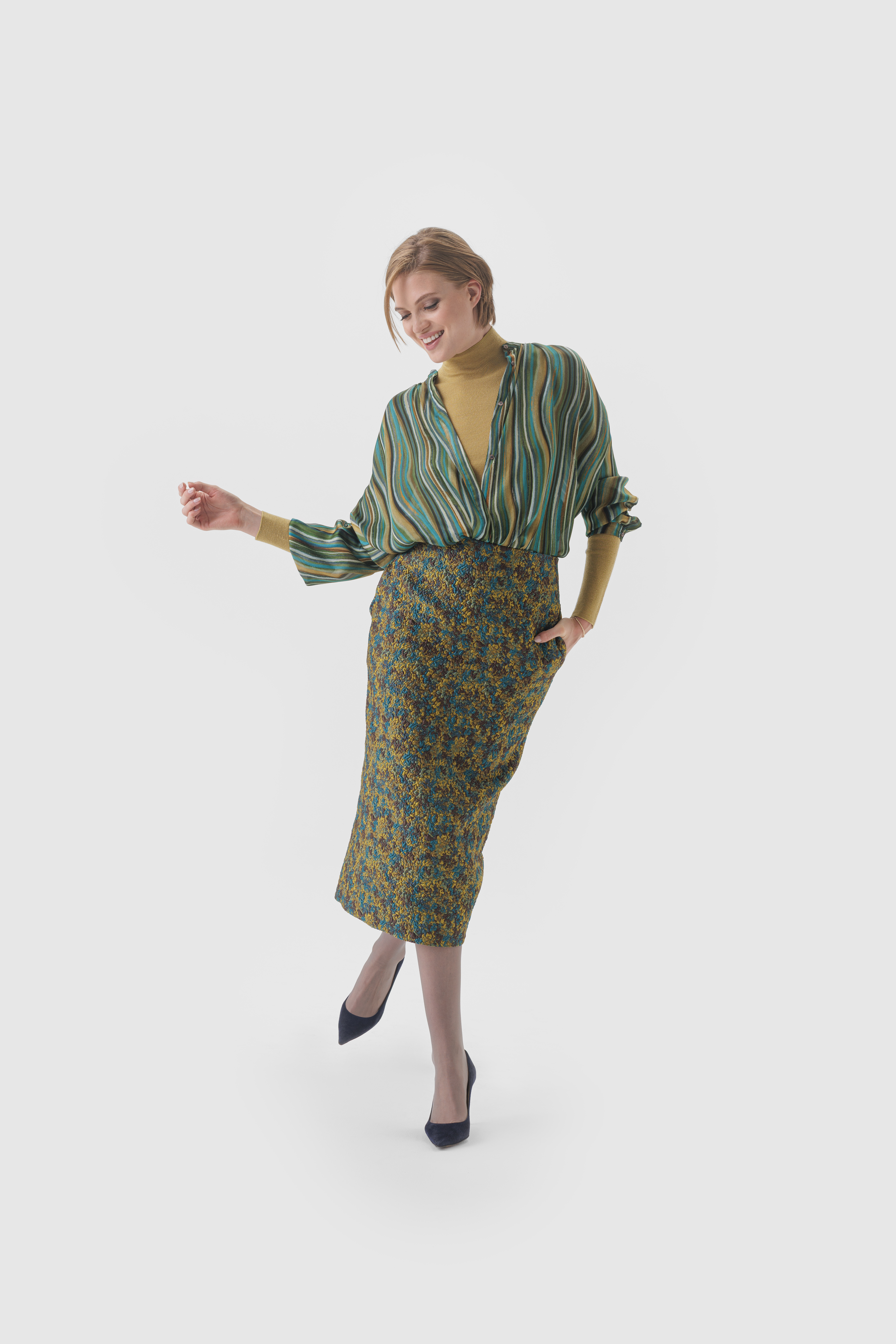 Bluse in Grün, Türkis, Gelb - Streifen