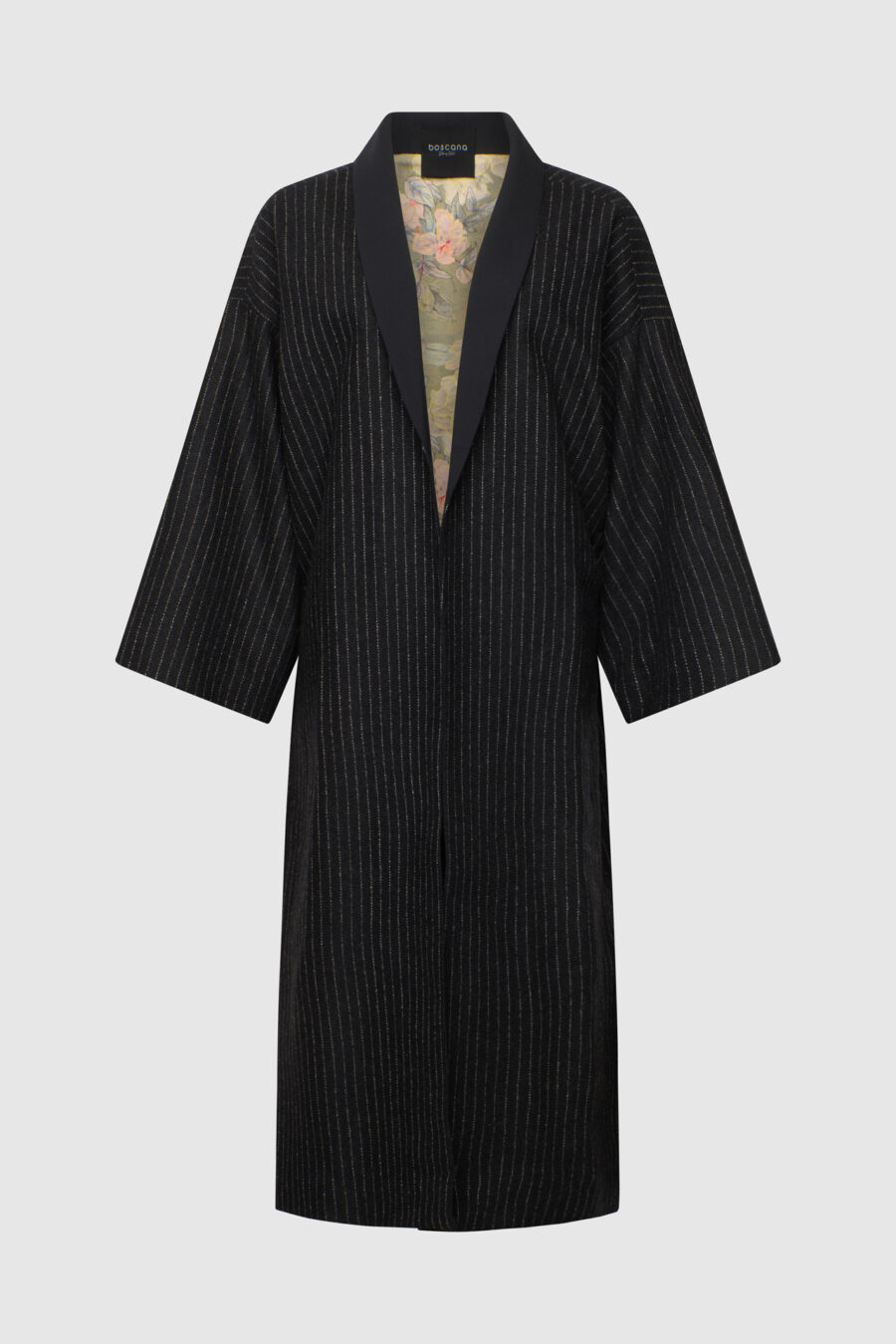 Mantel Kimono aus Wolle und Seide, Oversize geschnitten, Schurwolle, Nadelstreifen, Bindegürtel